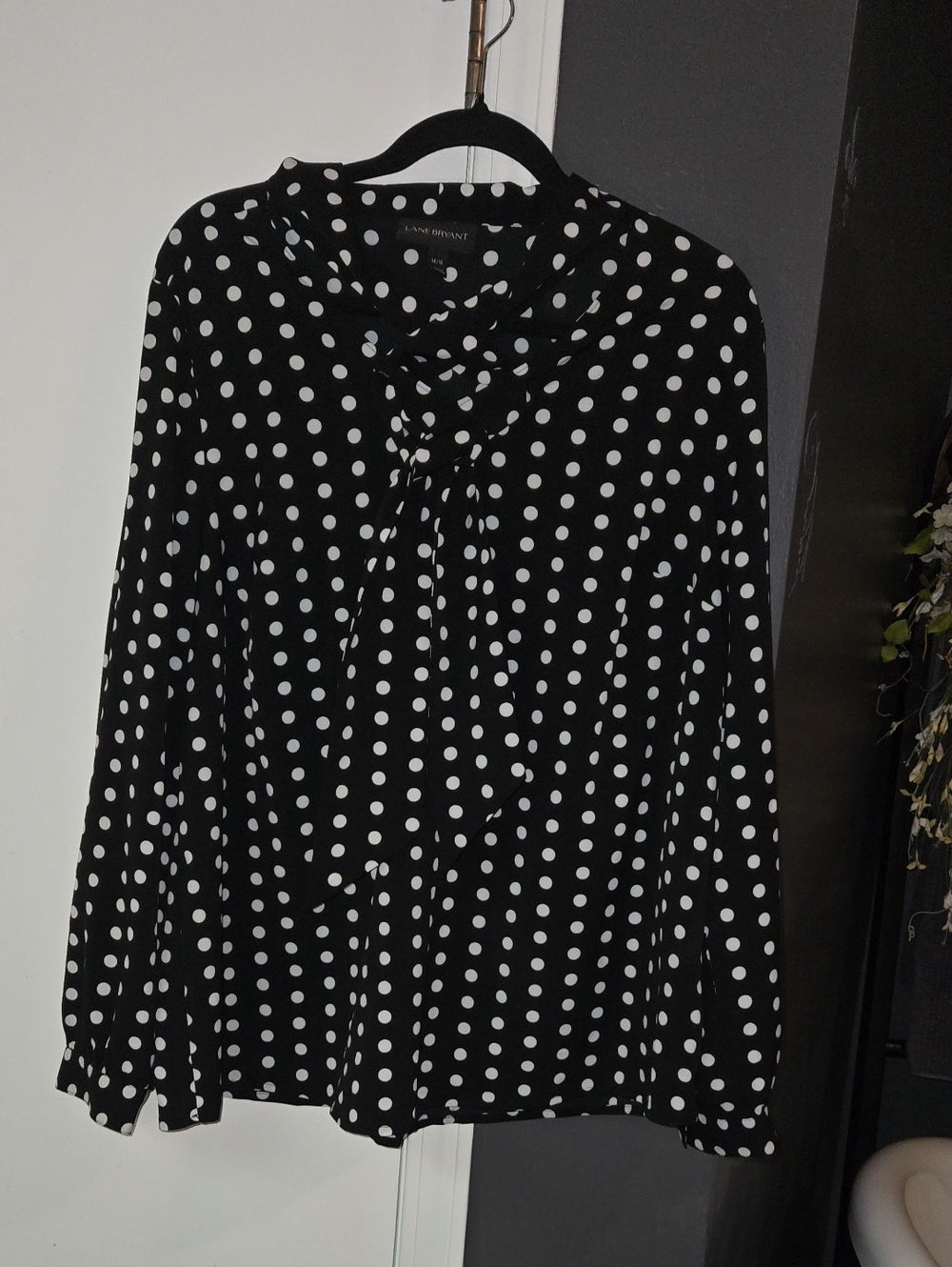 Lane Bryant Black and White Polka Dot Tie-Neck Blouse